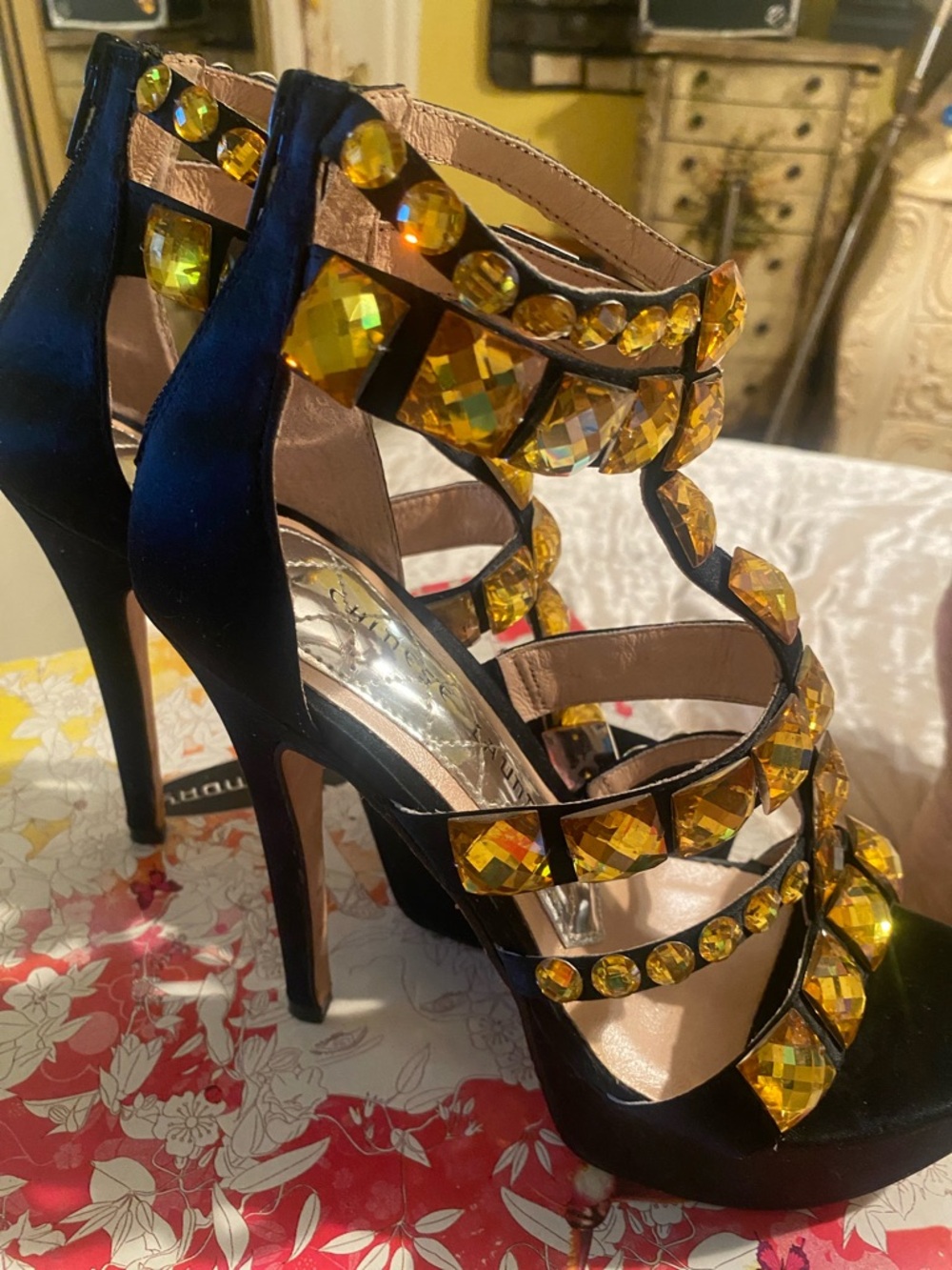 Chinese Laundry Black Strappy Heels with Yellow Gem Embellishments